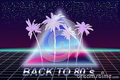 Back to 80's retro banner vaporwave aesthetic background Synthwave. Palms silhouette triangle grid 3d, sunset Vector Illustration