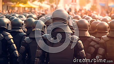 Back turned view team riot police managing a fierce demonstration, Generative AI Stock Photo