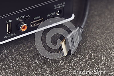 The back of the TV box device and the hdmi cable disconnected Stock Photo