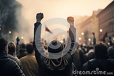 Back view of angry protesters raising fists in city demonstration Stock Photo