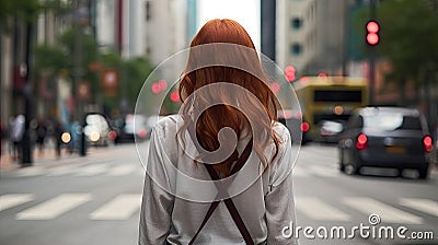 Back view of anonymous female with red hair standing near crosswalk Stock Photo