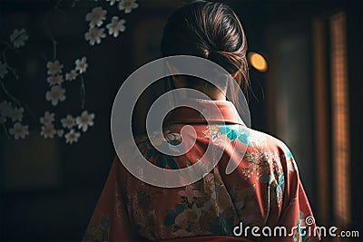 Back view of Asian woman in traditional Japanese Yukata garment. Generative AI Cartoon Illustration