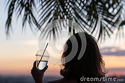 Back view of a beautiful girl with mineral water in a glass against the background of the sea in branches of palm trees. Sunset Stock Photo