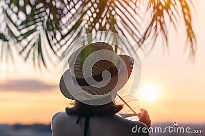 Back view of a beautiful girl with mineral water in a glass in a straw hat against the background of the sea in branches of palm Stock Photo