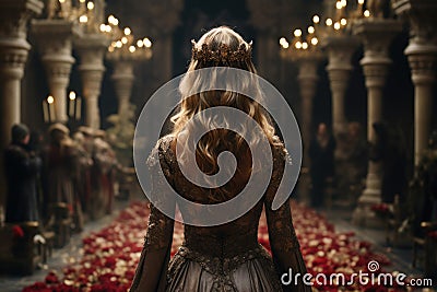 Back view of a beautiful queen wearing a medieval royal dress and a crown, background medieval chambers Stock Photo