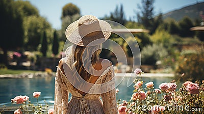 Back view of beautiful young woman in hat and dress standing near swimming pool and looking away Stock Photo