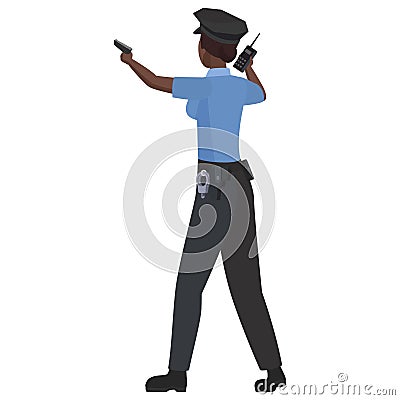 Back view of black woman police pointing with gun Cartoon Illustration