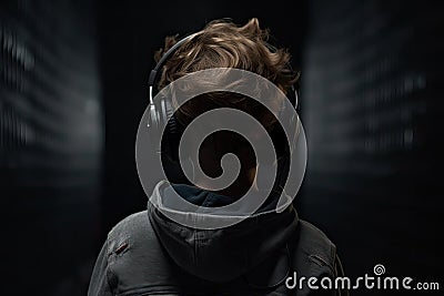 back view of the boy in headphones listening to music on black wall background, A young boy full rear view with headphone Stock Photo