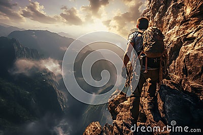 Back View of a Brave Young Man Climbing an Extreme Cliff in Bright Day Stock Photo