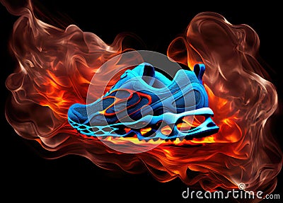 Back view of burning sport blue shoe with fire red flames under sole on black Stock Photo