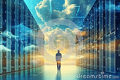 Back view of businessman looking at night city and binary code concept. 3D Rendering Stock Photo