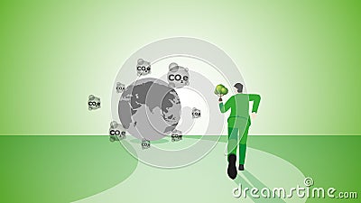 The back view of a businessman runs with a tree to the destroyed gray earth by carbon emission Vector Illustration