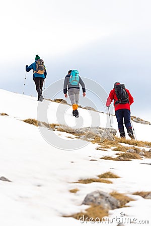 Back view of climbers climbing up a snowy hill Stock Photo