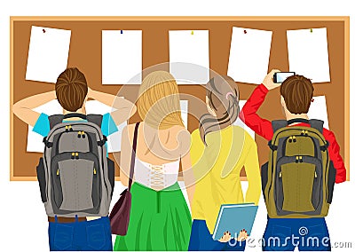 Back view of college students looking at bulletin board Vector Illustration