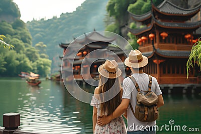 Back view of a couple of travelers admiring a view of spectacular Chinese landscape. Vacation in China Stock Photo