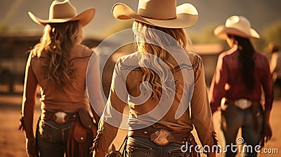 Back View cowgirls preparing to compete in a rodeo. Generative AI Stock Photo