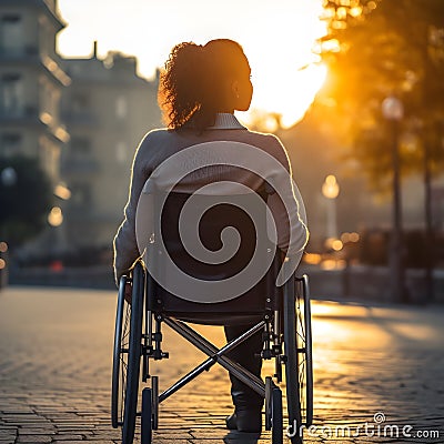 Back view of disabled African American lady enjoying her life, outdoors in sunset. Generated Ai Stock Photo