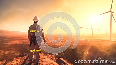 Back view of engineer in safety helmet and uniforms standing a top. Stock Photo