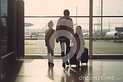 Back view family airport travel. Generate Ai Stock Photo