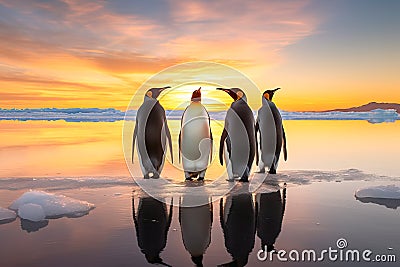 back view of four emperor penguins in arctic looking at sunset Stock Photo