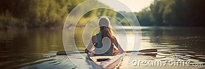 Back view of a girl sailing in a kayak or boat on the river. A girl in a kayak paddles along the river flowing in the Stock Photo