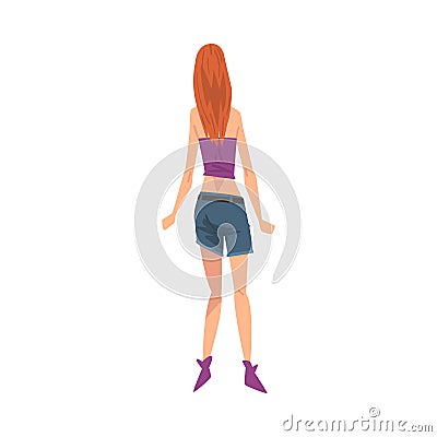 Back View of Girl, Young Woman Viewed from Behind Wearing Tank Top and Shorts Cartoon Style Vector Illustration Vector Illustration