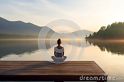 Back view gorgeous young relaxed happy female woman practicing yoga lotus pose mindful meditation lake water bridge Stock Photo