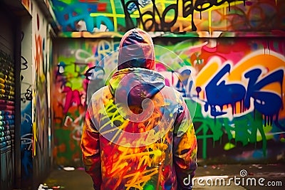 Back view of graffiti painter looking to the wall with his paintings. Street art concept. Neural network AI generated Stock Photo
