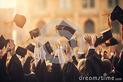 Back view of a group of graduates holding hats and gowns in the background, Graduation ceremony concept, hats and diplomas raised Stock Photo