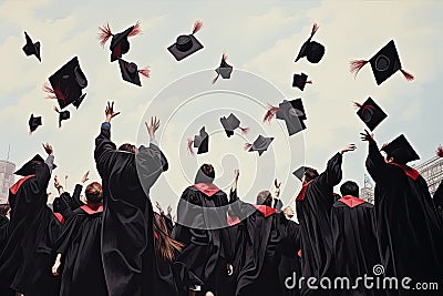 Back view of a group of graduates throwing mortarboards in the air, A group of graduates throwing graduation caps in the air, no Stock Photo