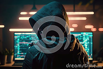 Back view of hacker in a hood with hidden face looks at the monitor screen with glowing code. Hacking and malware concept. Stock Photo