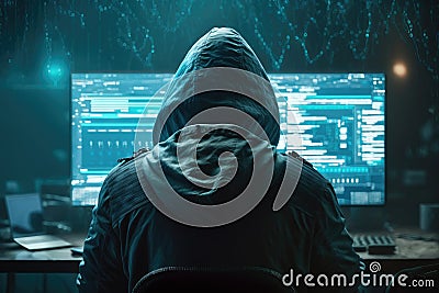 Back view of hacker in a hood with hidden face looks at the monitor screen with glowing code. Hacking and malware concept. Stock Photo