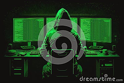 Back view of hacker in hood sitting at table with triple pc monitor setup, hacking. Generative AI Stock Photo