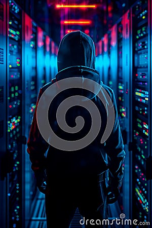Back view of hacker in hoodie standing among illuminated servers Stock Photo