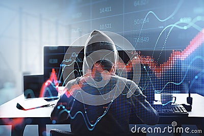 Back view of hacker in hoodie using computers at desktop with abstract red forex chart index on blurry background. Digital data, Stock Photo