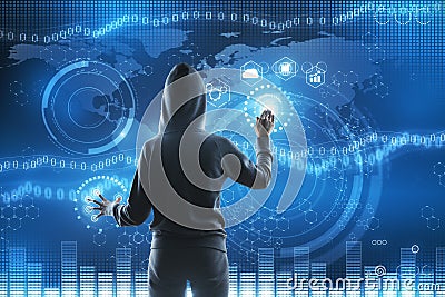 Hacker and blockchain screen Stock Photo