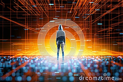 Back view of hacker standing in abstract metaverse. Meta, hacking and cyberspace concept Stock Photo