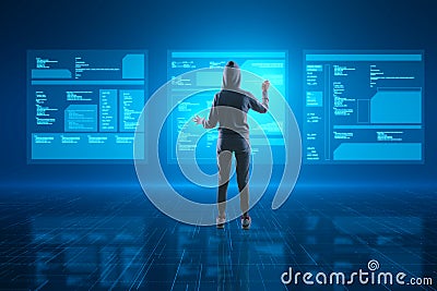 Back view of hacker using digital database folded on blurry blue background with reflections. Digital transformation, hacking, Stock Photo