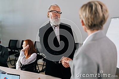 Back view handshaking unrecognizable middle aged female CEO and mature businessman partner after signing contract at Stock Photo