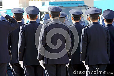 Back view of Japanese police officers Editorial Stock Photo