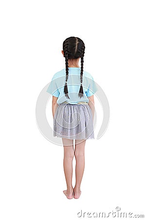 Back view little asian child girl with pigtail hair isolated over white background Stock Photo