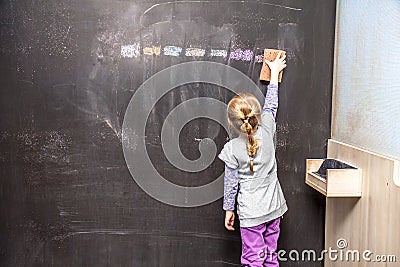 Back view of a little girl cleaning chalkboard Stock Photo