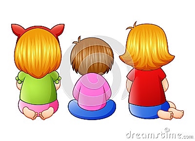 Back view of little three girl sitting together Vector Illustration