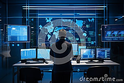 Man data scientist working on personal computer. Generative AI Stock Photo