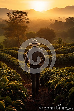 back view of man in hat walking by agricultural field, farmer walk by farm with fresh plants, person inspecting farming Stock Photo
