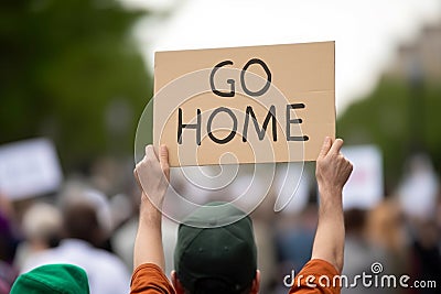 Back view of man holding up protest sign with text 'Go home Stock Photo