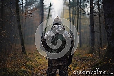 Back view man hunter forest. Generate Ai Stock Photo