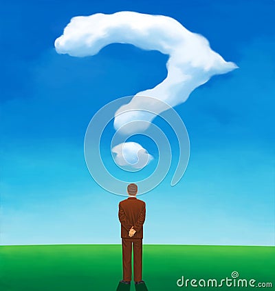 Back view of a man looking at a cloud shaped like a question mark Cartoon Illustration