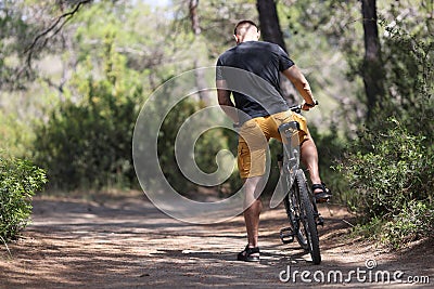 Back view of man sitting on bicycle on forest road Stock Photo