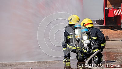 The back view of many firefighters is practicing using fire Stock Photo